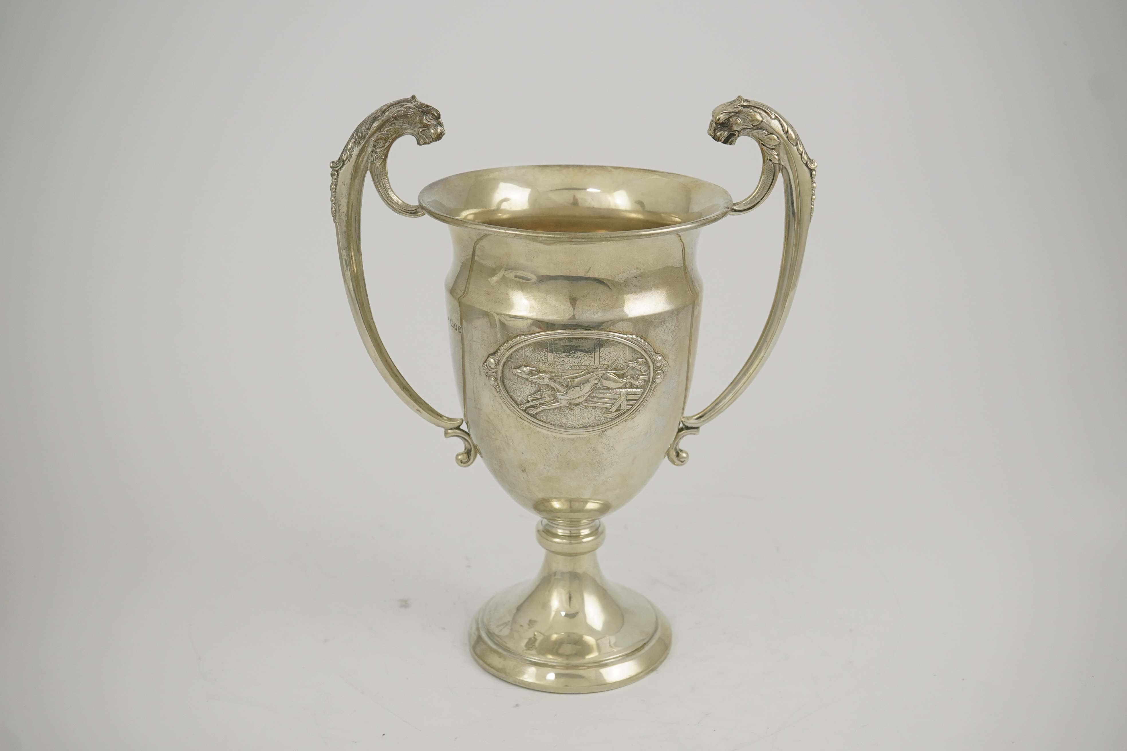 A George V silver two handled presentation greyhound trophy cup, 'The Purley Cup', by Blackmore & Fletcher Ltd